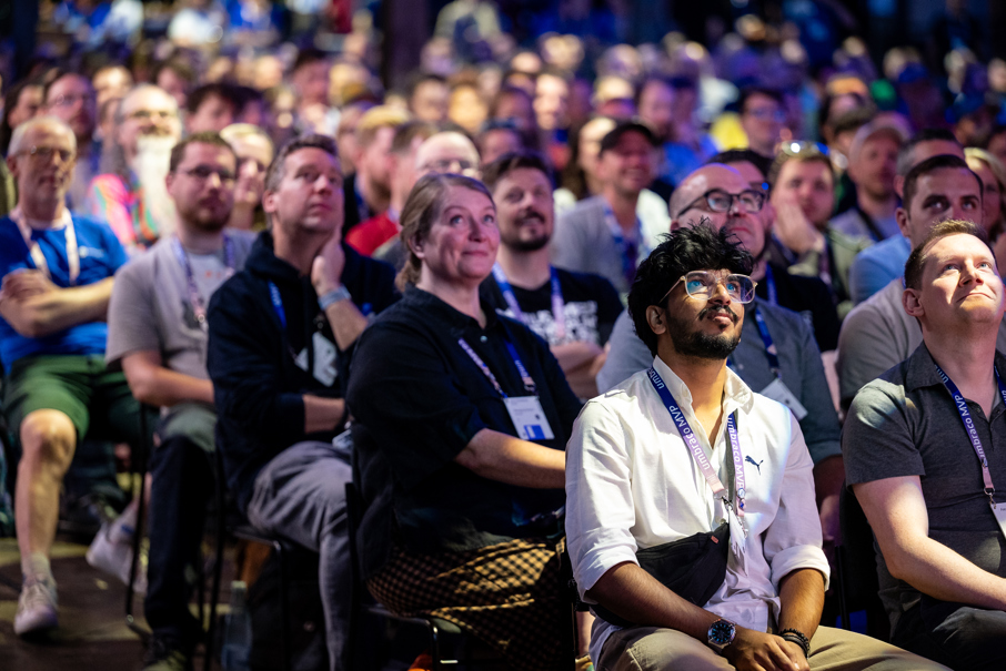 Codegarden audience looking up at stage listening to a speech